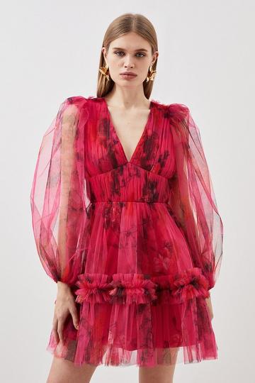 Floral Tulle Plunge Woven Mini Dress pink