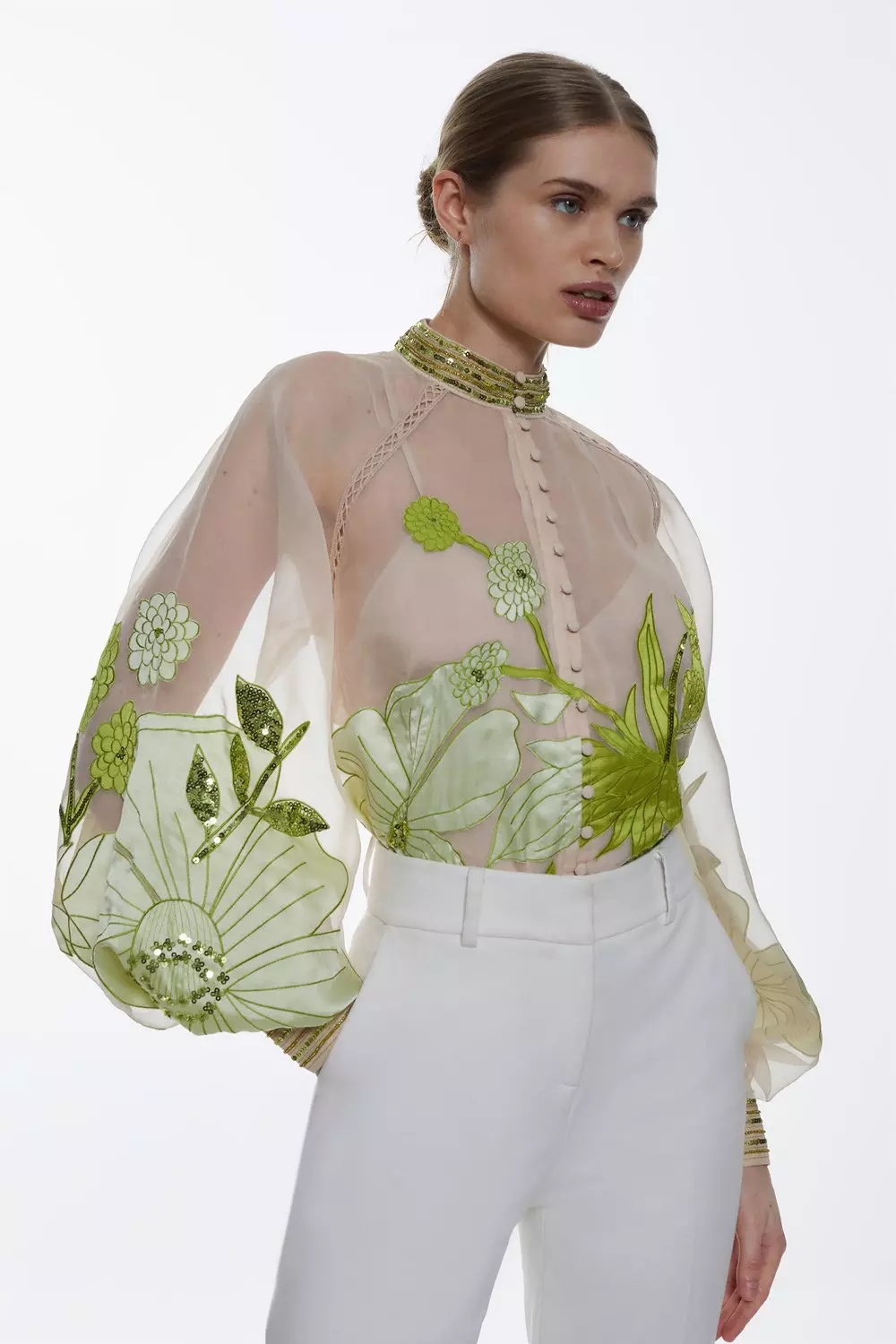 Organdie Applique Buttoned Woven Blouse | Karen Millen