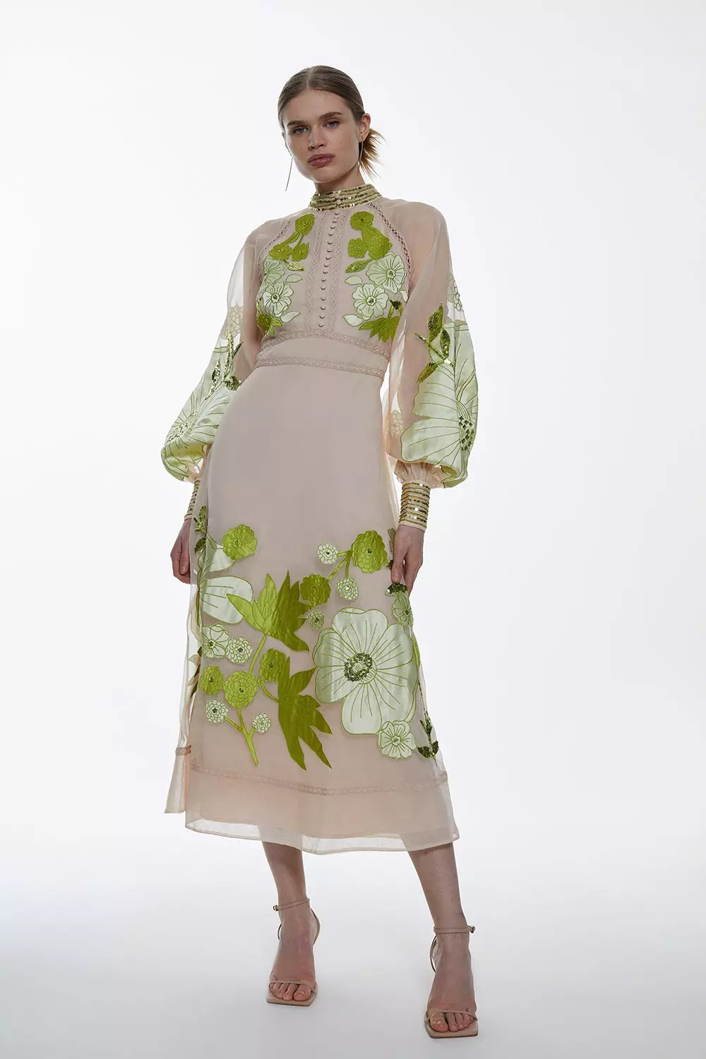 【Karen Millen】ボタニカル オーガンジー ミディ ワンピース Botanical Embroidery Organdie Angel Sleeve Midi Dress