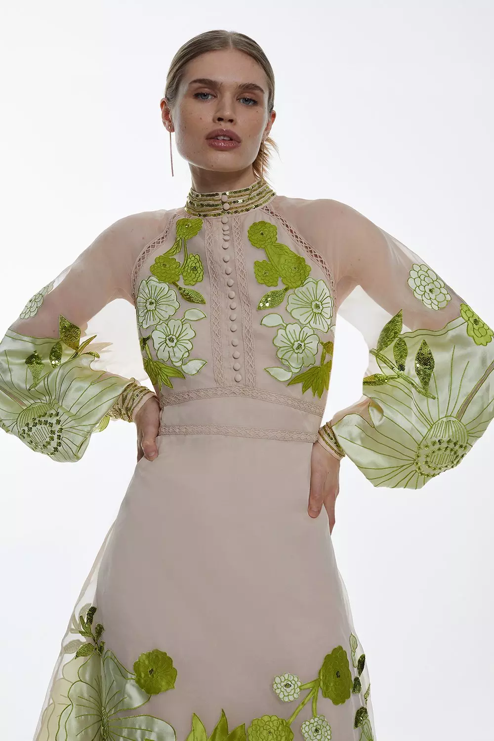 Organdie Applique Buttoned Woven Midi Dress Karen Millen