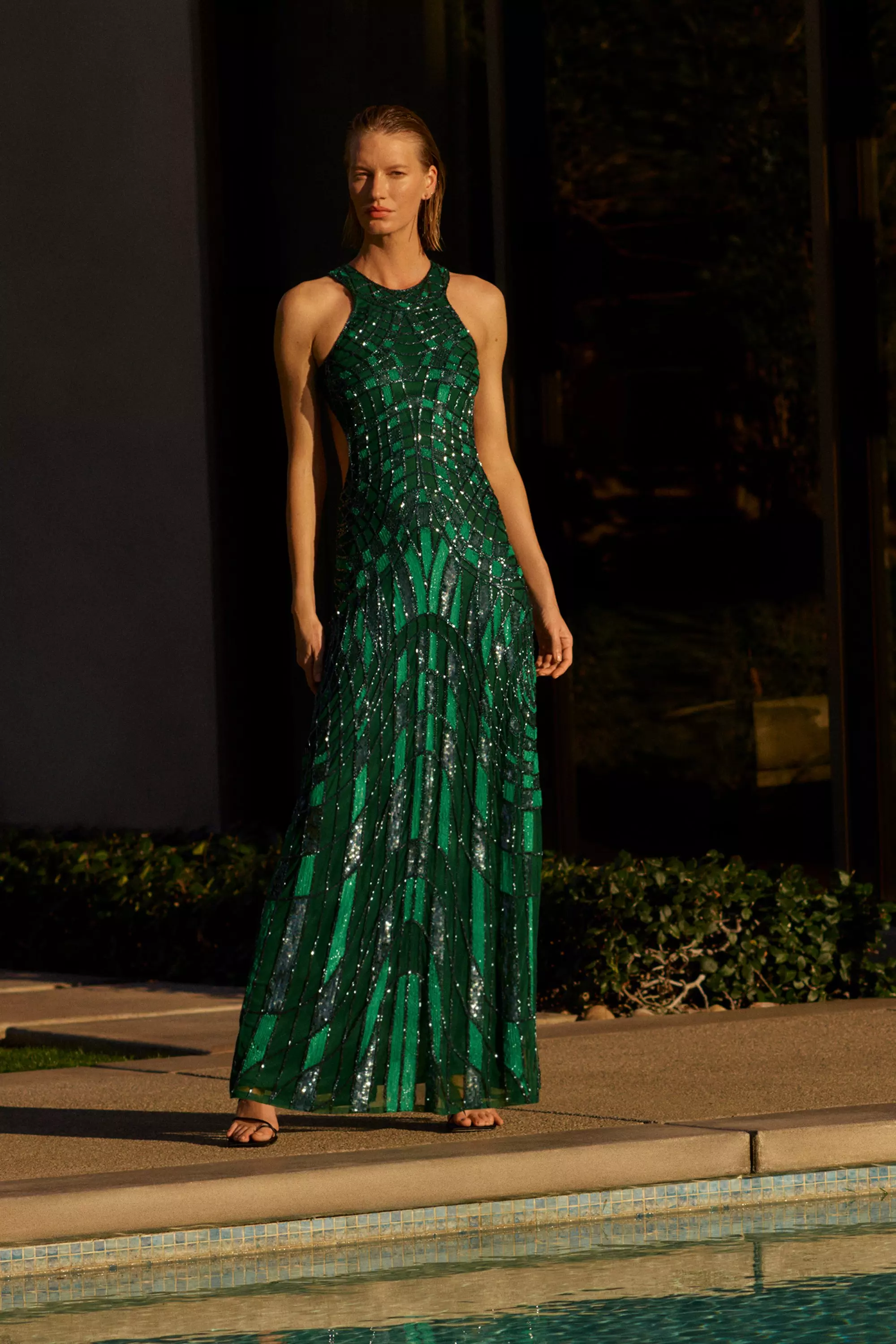 Embellished Geo Halter Woven Maxi Dress | Karen Millen