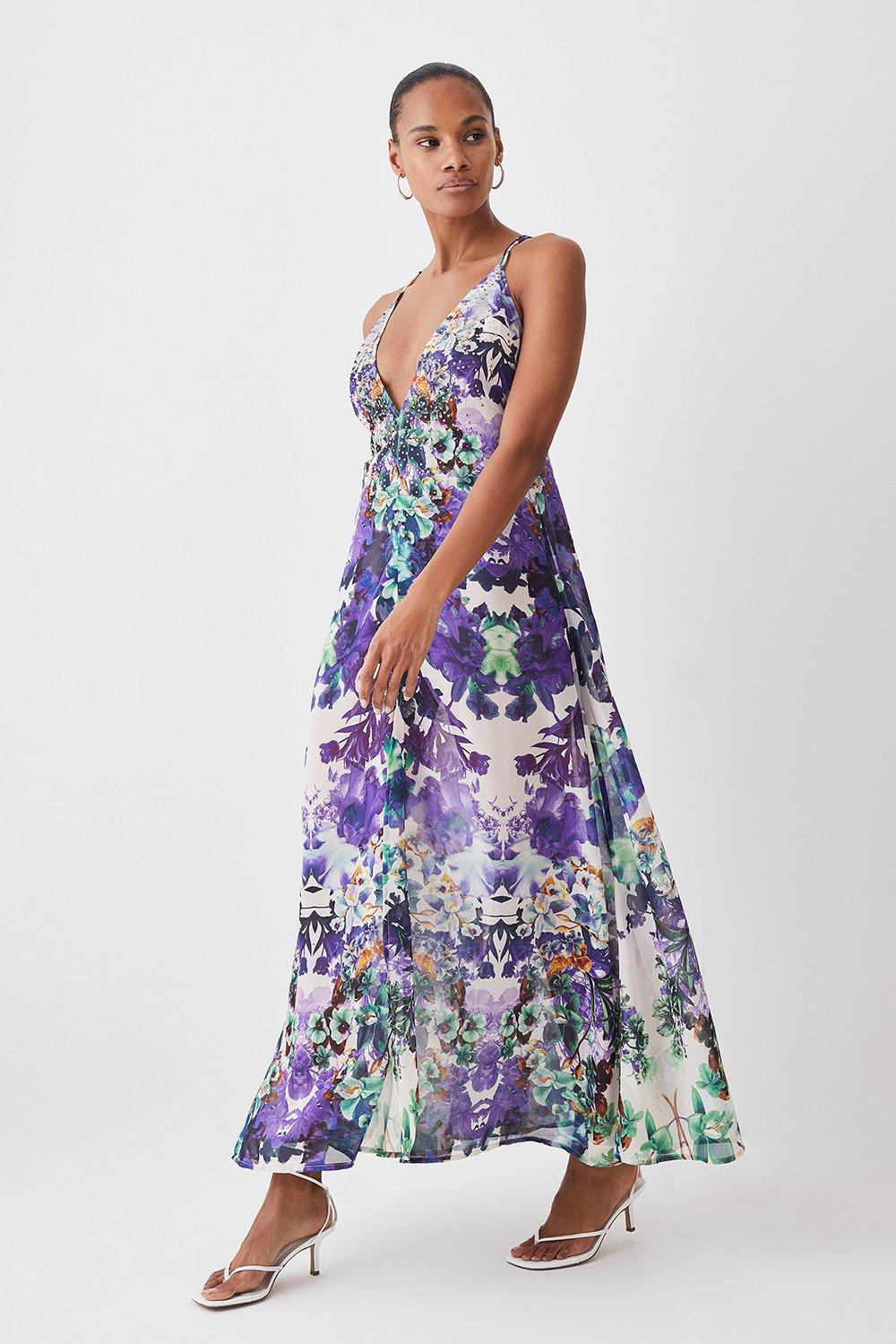 Tall Mirrored Floral Embellished Strappy Beach Maxi Dress | Karen 