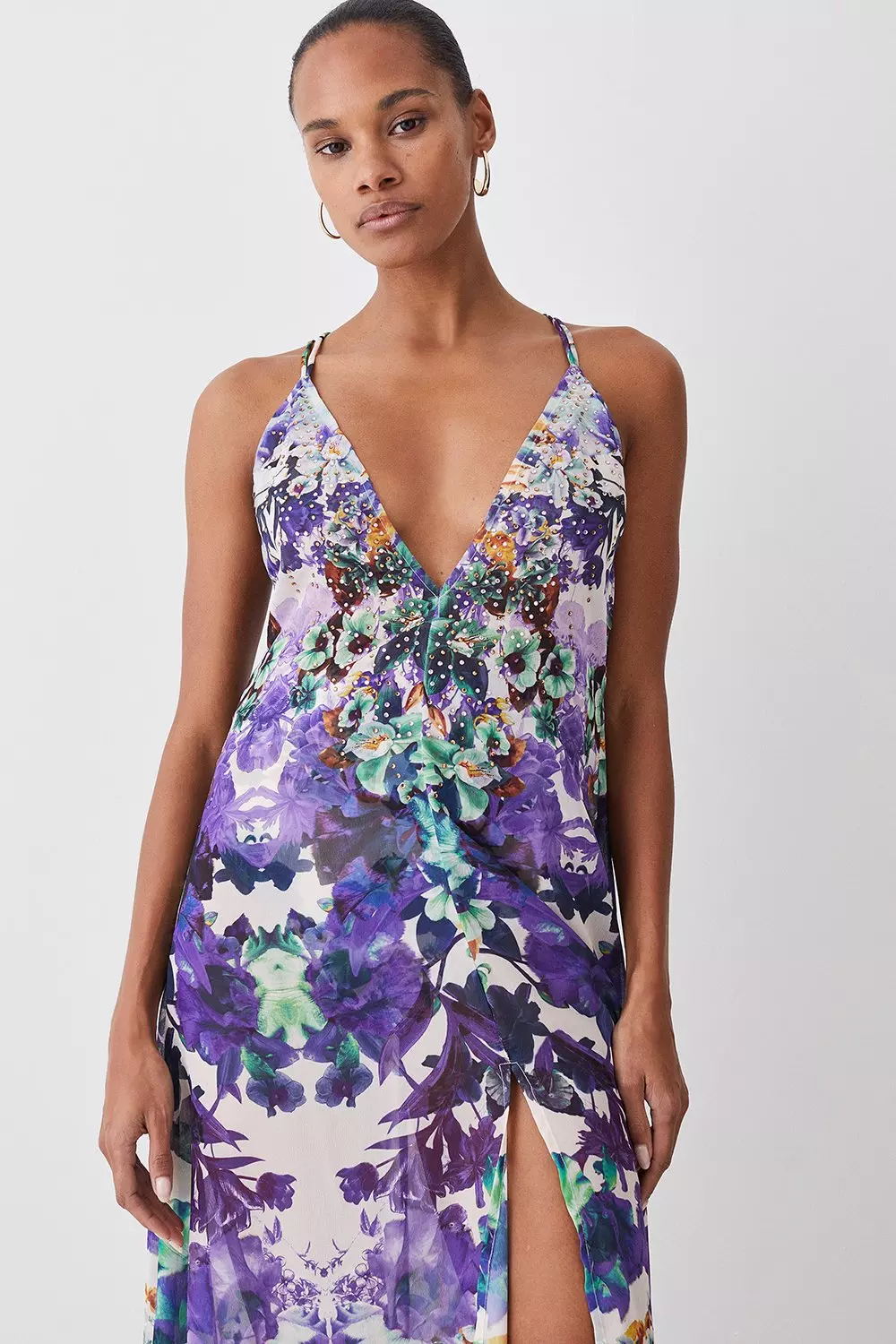 Tall Mirrored Floral Embellished Strappy Beach Maxi Dress Karen Millen