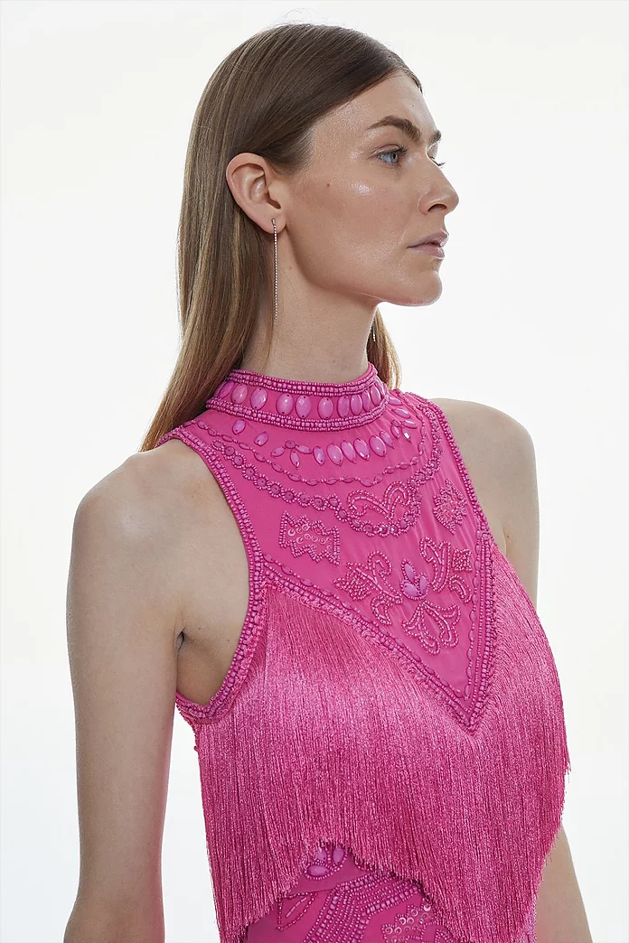 Fringe And Beaded Halter Neck Mini Dress | Karen Millen Fringe And Beaded Halter Neck Mini Dress | Karen Millen