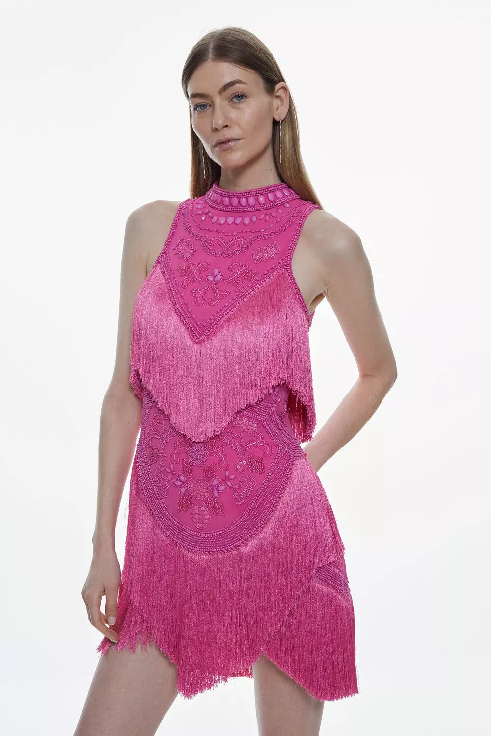 Fringe And Beaded Halter Neck Mini Dress | Karen Millen