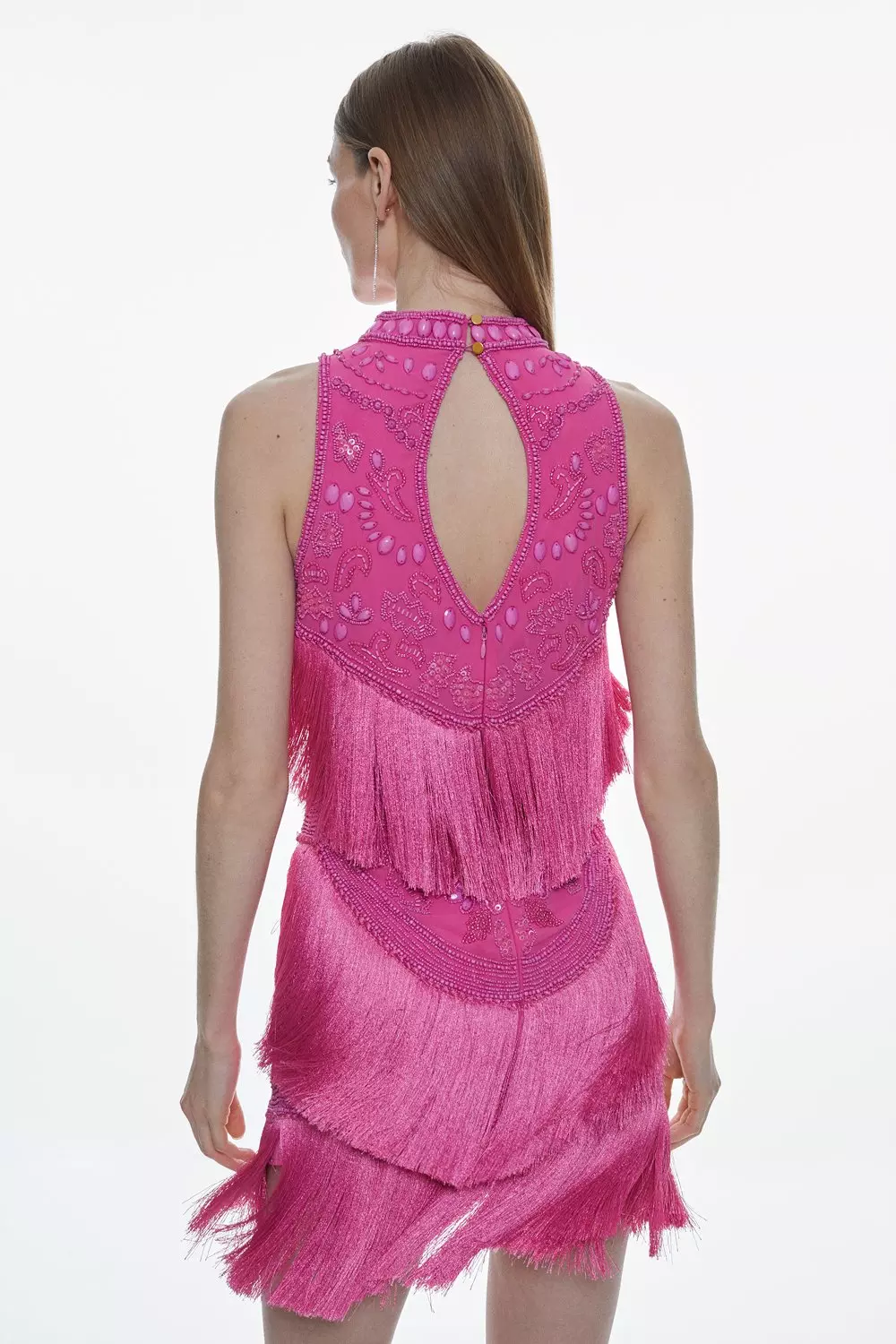 Fringe And Beaded Halter Neck Mini Dress | Karen Millen
