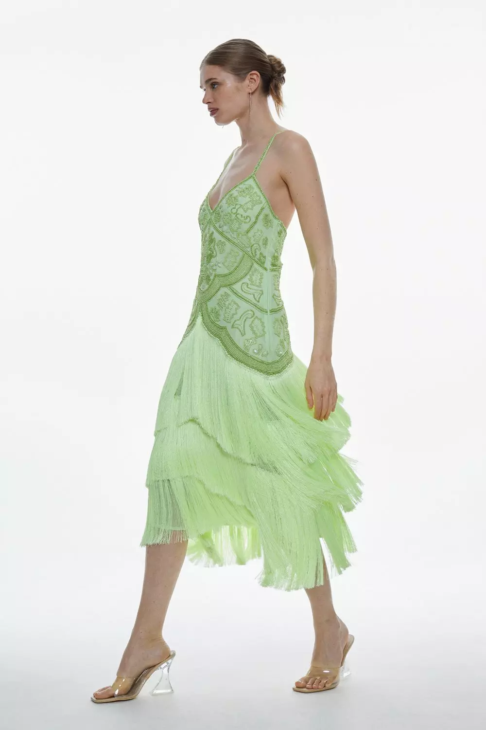 Fringe And Beaded Halter Neck Midi Dress | Karen Millen