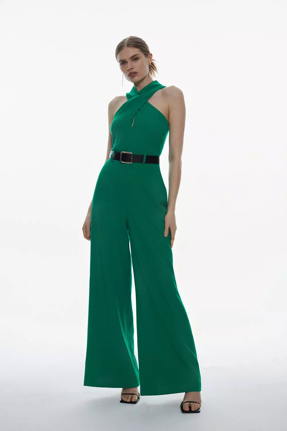 Tall Structured Crepe Halter Neck Belted Wide Leg Jumpsuit | Karen 