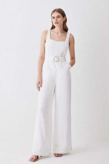 Linen Seamed Detail Wide Leg Jumpsuit ivory