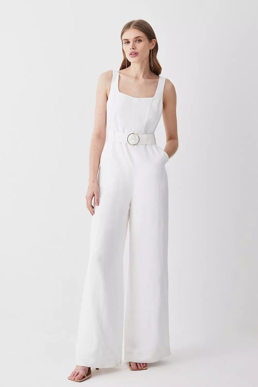 Linen Seamed Detail Wide Leg Jumpsuit | Karen Millen