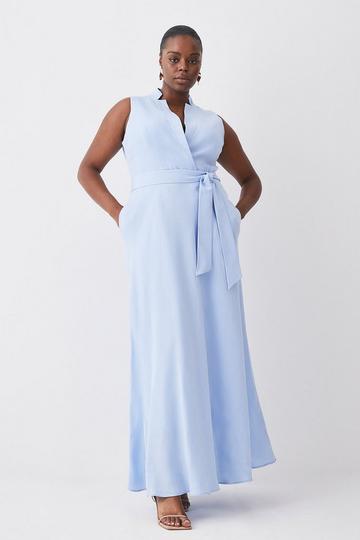 Plus Size Linen Wrap Tie Waisted Midi Dress pale blue
