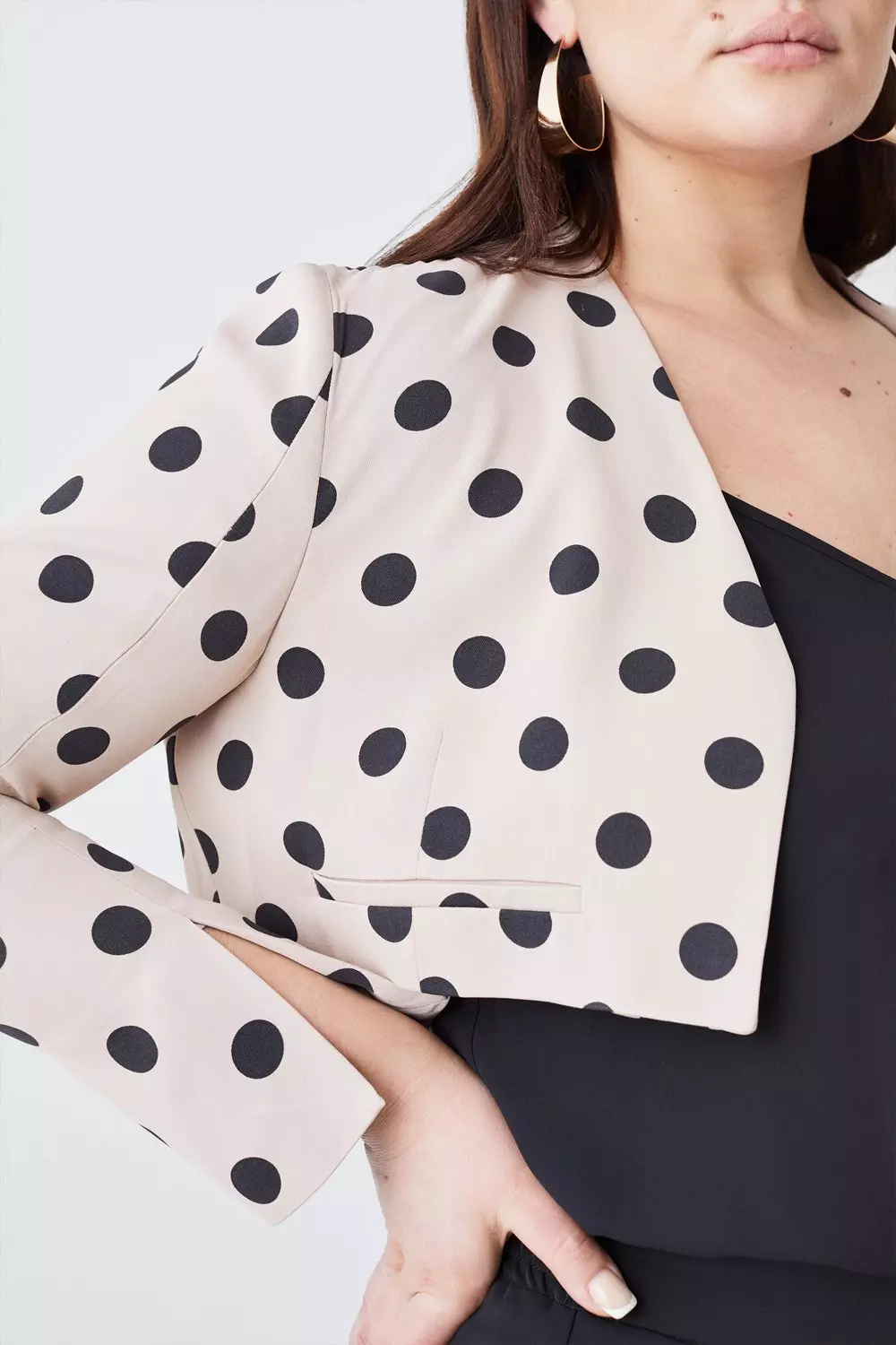 Plus Size Polka Dot Linen Edge To Edge Cropped Jacket | Karen Millen