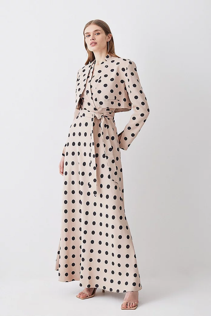 Polka Dot Linen Edge To Edge Cropped Jacket | Karen Millen Polka Dot Linen Edge To Edge Cropped Jacket | Karen Millen