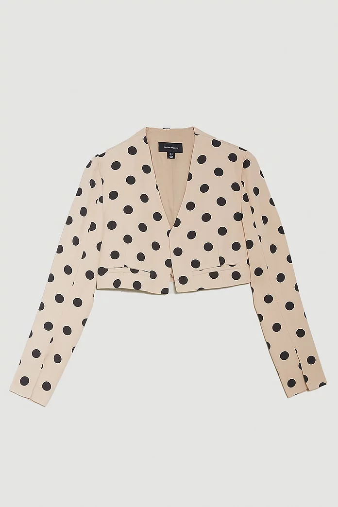 Polka Dot Linen Edge To Edge Cropped Jacket | Karen Millen Polka Dot Linen Edge To Edge Cropped Jacket | Karen Millen