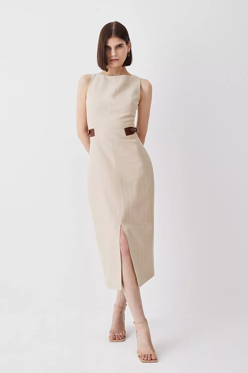 Herringbone Linen Trim Detail Split Front Midi Dress Karen Millen