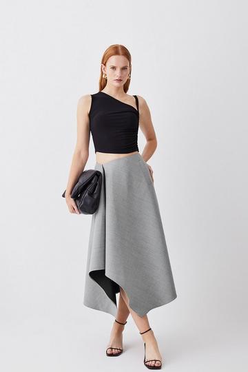 Asymmetric Wool Flannel Midi Full Skirt grey marl