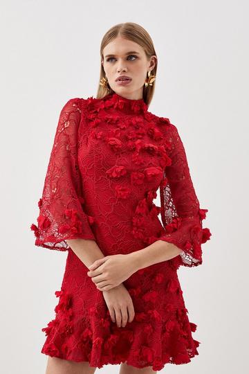 Floral Applique On Lace Woven Mini red