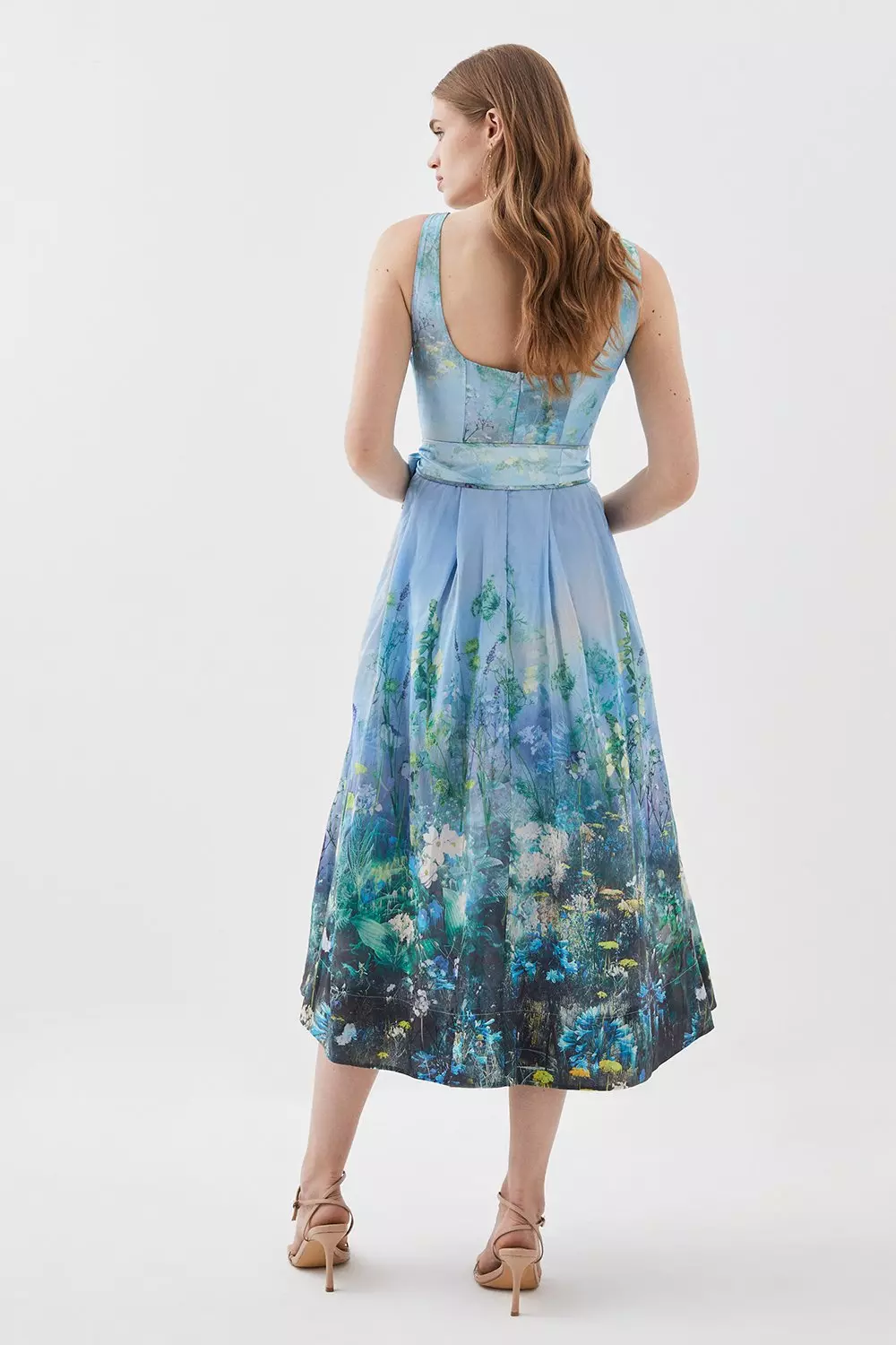 【KAREN MILLEN】ビスコースリネントップステッチ織り スカート Lydia Millen Petite Cotton Scenic Floral Strappy Midi Dress