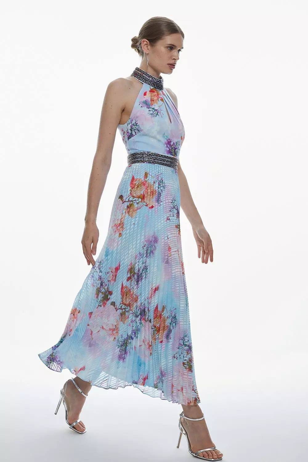 【Karen Millen】フローラル ディアマンテ プリーツドレス Floral Diamante Enamel Trim Woven Pleated Long Sleeve Maxi