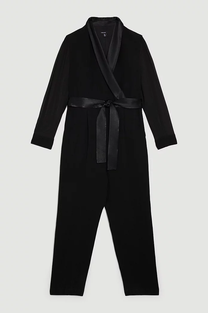 Plus Size Sheer Sleeve Tuxedo Wrap Jumpsuit | Karen Millen Plus Size Sheer Sleeve Tuxedo Wrap Jumpsuit | Karen Millen