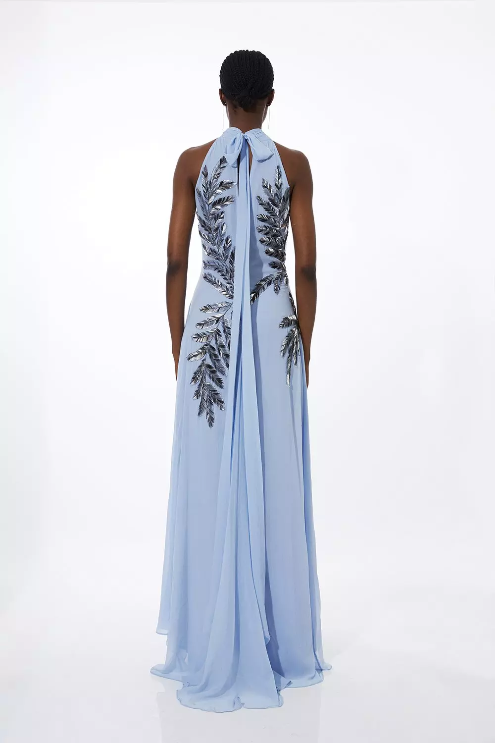 Georgette Feather Embellished Halter Neck Woven Maxi Dress