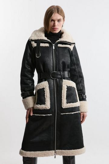 Faux Shearling Contrast Trim Hooded Midi Coat mono