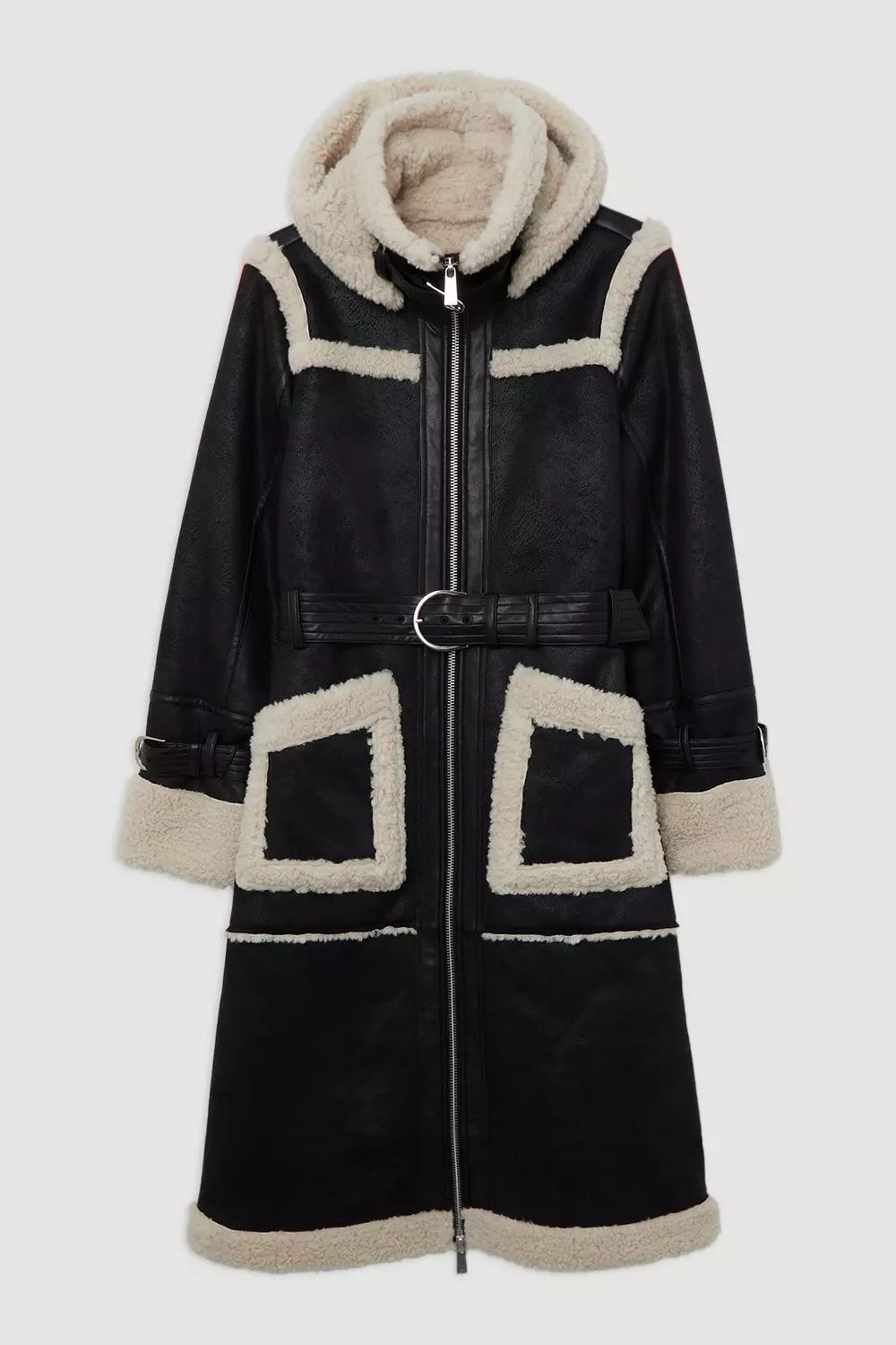 Faux Shearling Contrast Trim Hooded Midi Coat | Karen Millen