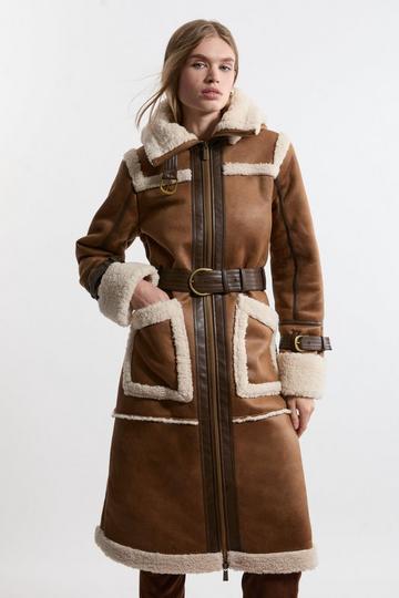 Faux Shearling Contrast Trim Hooded Midi Coat tan