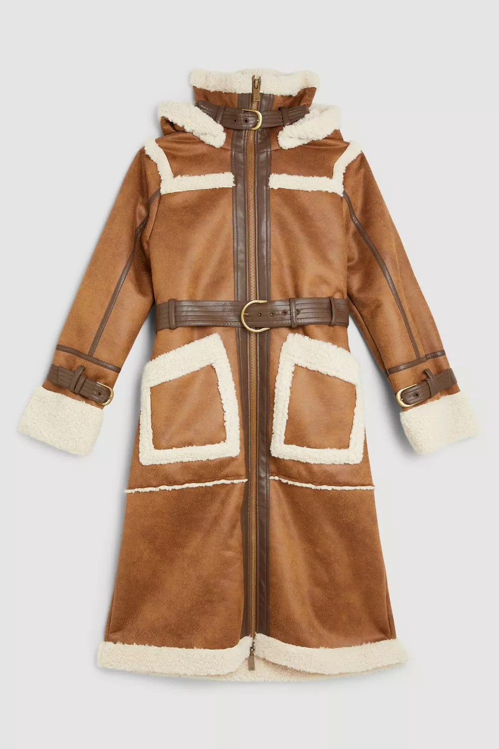 KAREN MILLEN フェイクシアリングコントラストトリム コート Faux Shearling Contrast Trim Hooded Midi Coat | Karen Millen