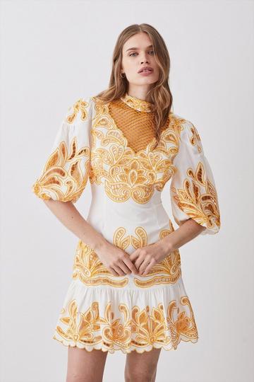 Tall Mirrored Cutwork Embroidered Woven Mini Dress white
