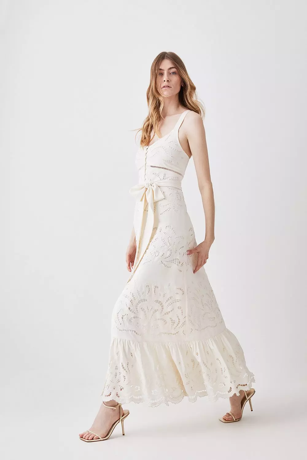 Mirrored Cutwork Strappy Embroidered Woven Maxi Dress | Karen Millen