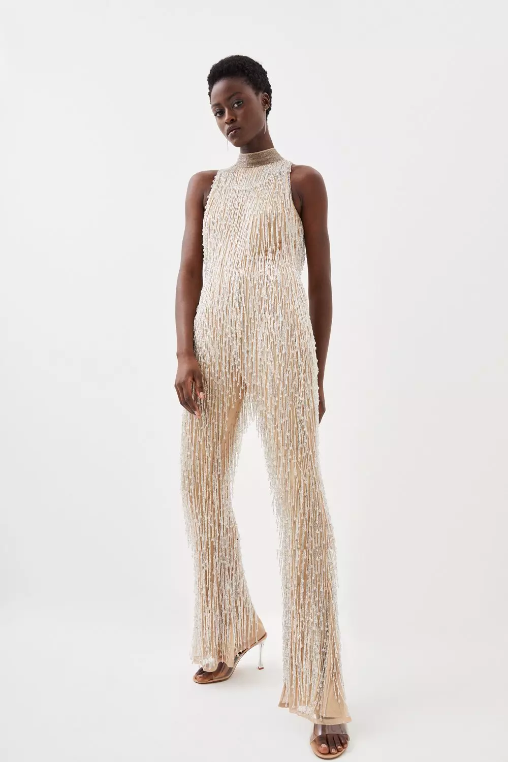 Beaded Fringed Halter Embellished Jumpsuit Karen Millen