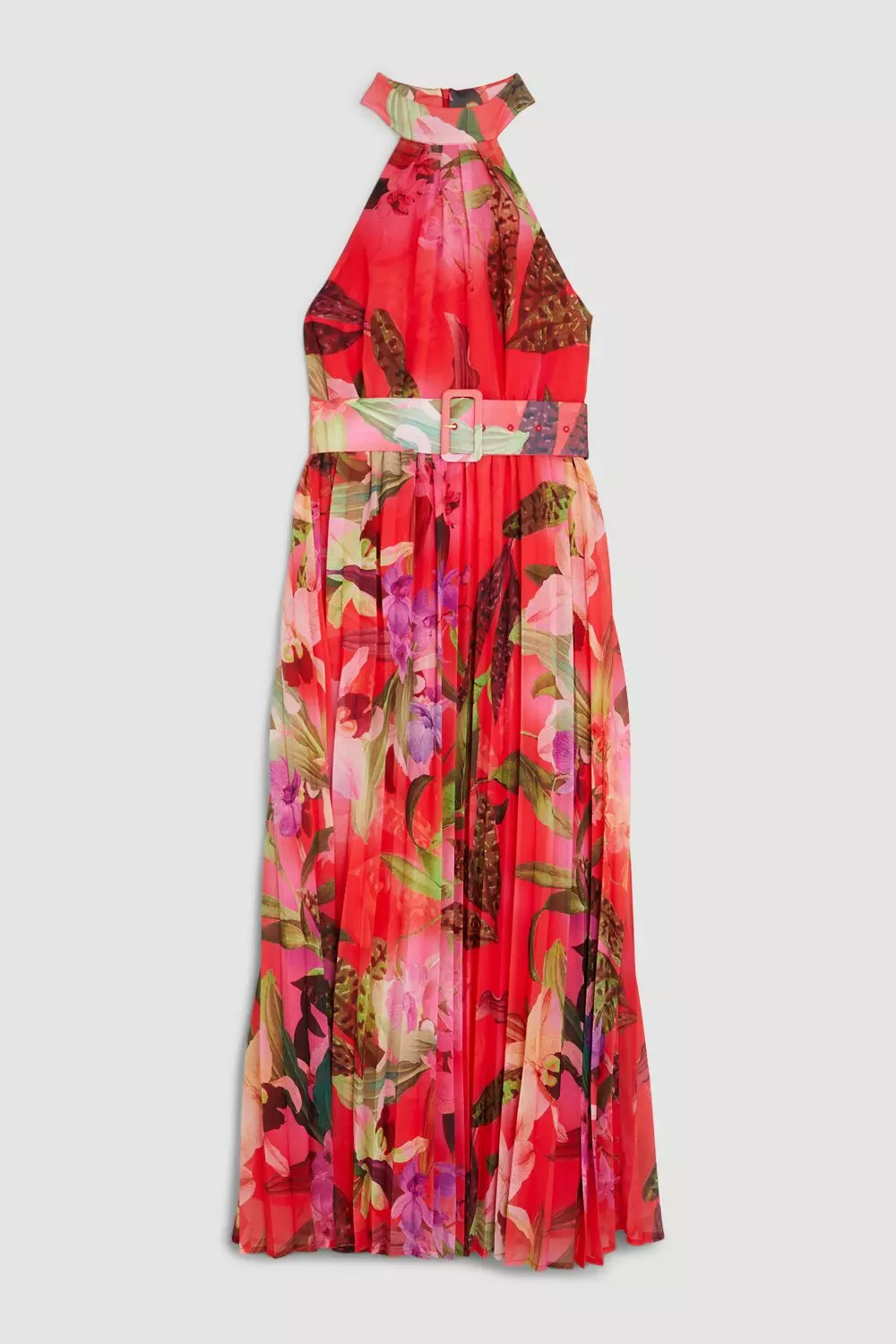 Red Floral Georgette Belted Pleated Midi Dress Karen Millen