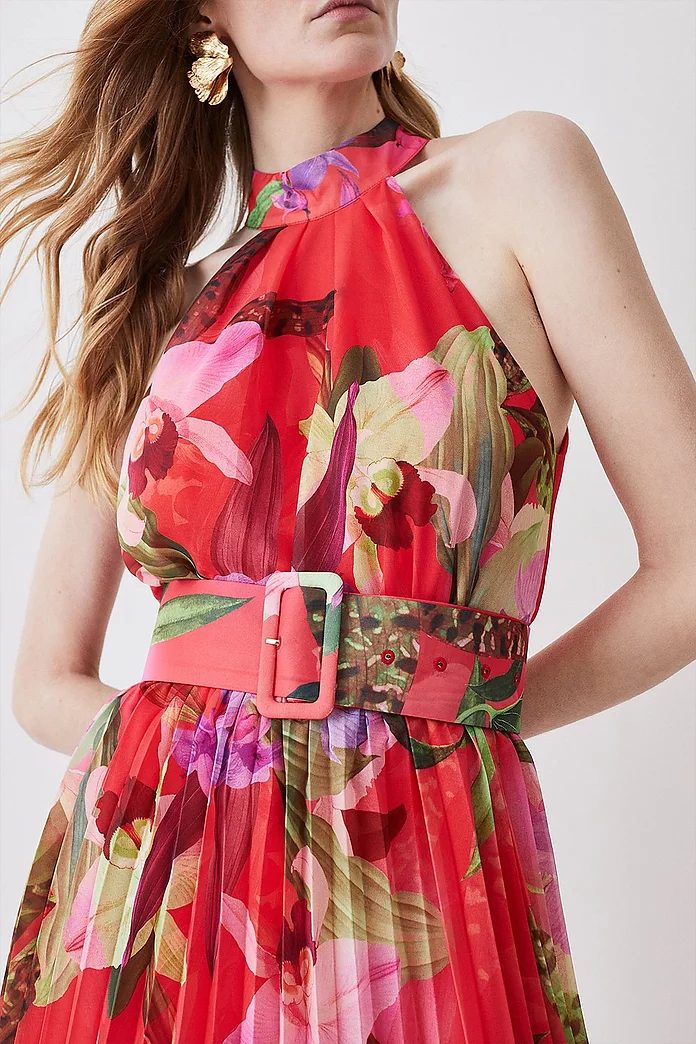 Red Floral Georgette Belted Pleated Mini Dress | Karen Millen Red Floral Georgette Belted Pleated Mini Dress | Karen Millen