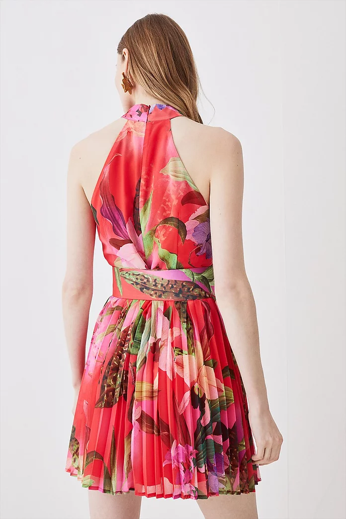 Red Floral Georgette Belted Pleated Mini Dress | Karen Millen Red Floral Georgette Belted Pleated Mini Dress | Karen Millen