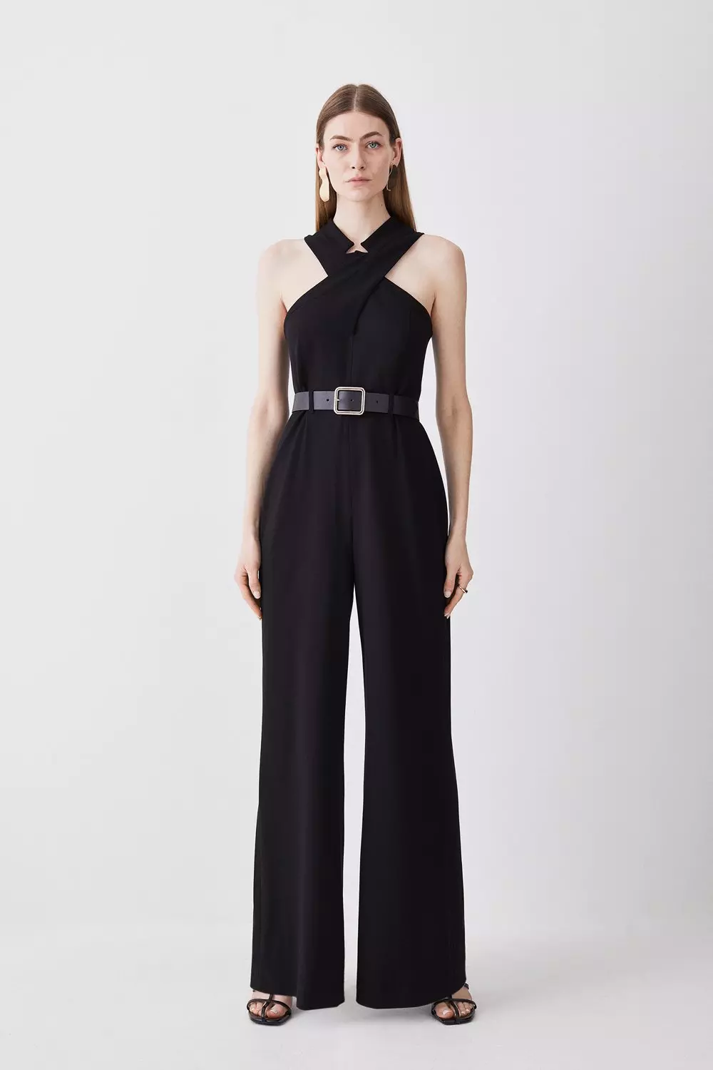 Structured Crepe Halter Neck Belted Wide Leg Jumpsuit | Karen Millen