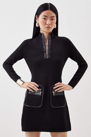 Black Viscose Blend Rib Knit Half Zip Mini Dress