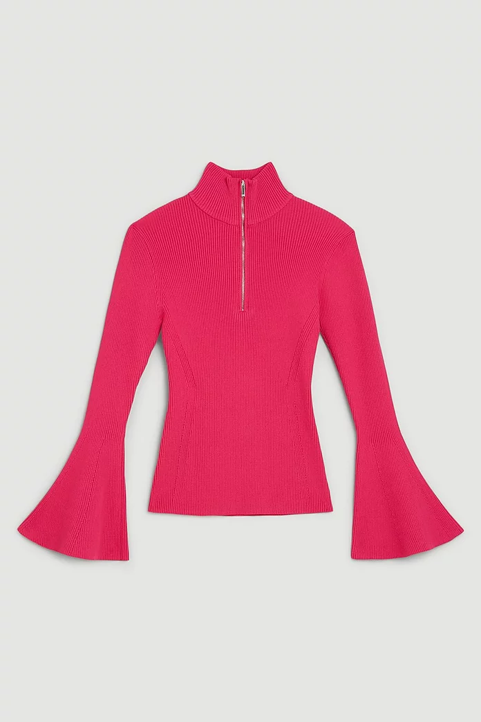 Viscose Blend Rib Knit Half Zip Bell Sleeve Top | Karen Millen Viscose Blend Rib Knit Half Zip Bell Sleeve Top | Karen Millen