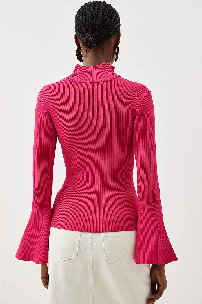 Viscose Blend Rib Knit Half Zip Bell Sleeve Top | Karen Millen Viscose Blend Rib Knit Half Zip Bell Sleeve Top | Karen Millen