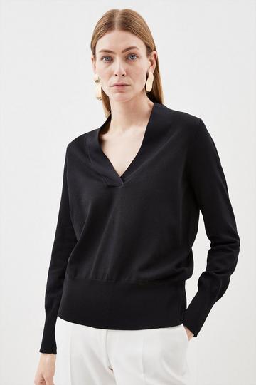 Black Viscose Blend Knit Shawl Collar Top