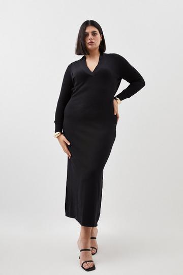 Plus Size Viscose Blend Knit Midaxi Dress With Shawl Collar black
