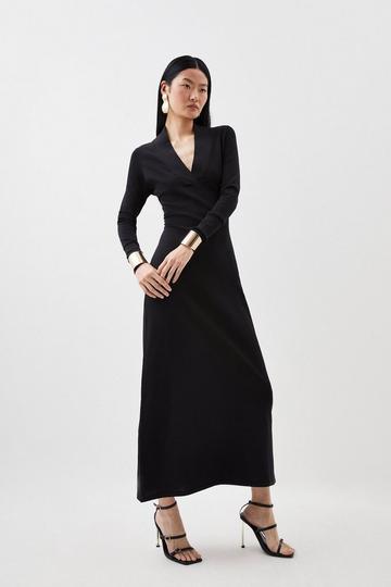 Black Viscose Blend Knit Midaxi Dress With Shawl Collar