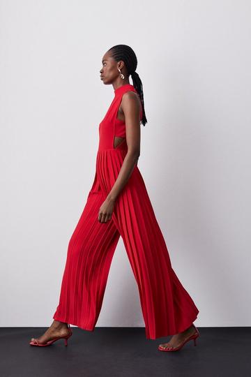 High Neck Tie Waisted Full Pleated Jumpsuit red