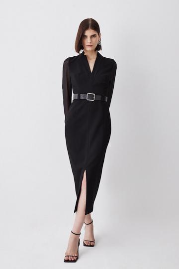 Black Forever Belted Long Sheer Sleeved Tailored Midi Dress
