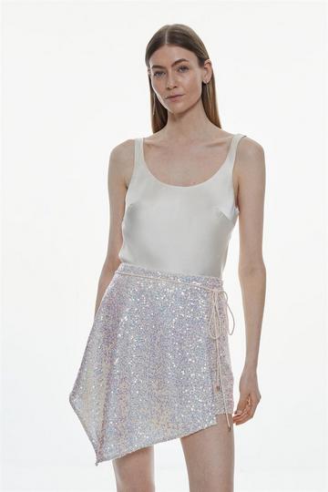 Silver Sequinned Asymmetric Woven Mini Skirt