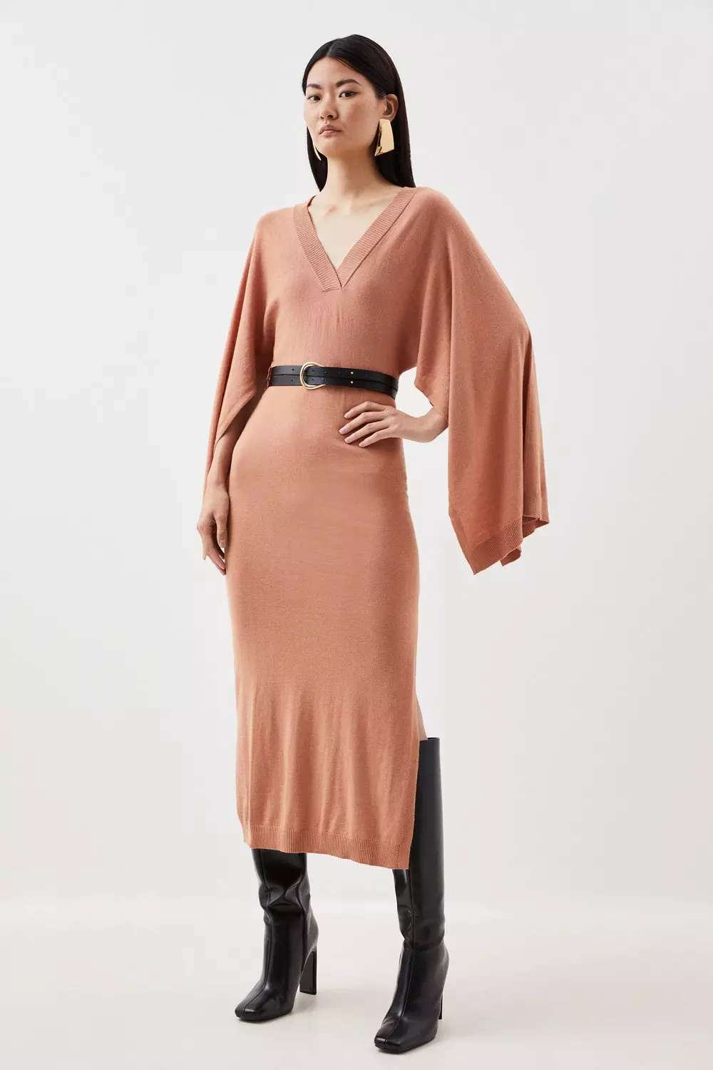 Cashmere Blend V Neck Drama Sleeve Midaxi Knit Dress Karen Millen