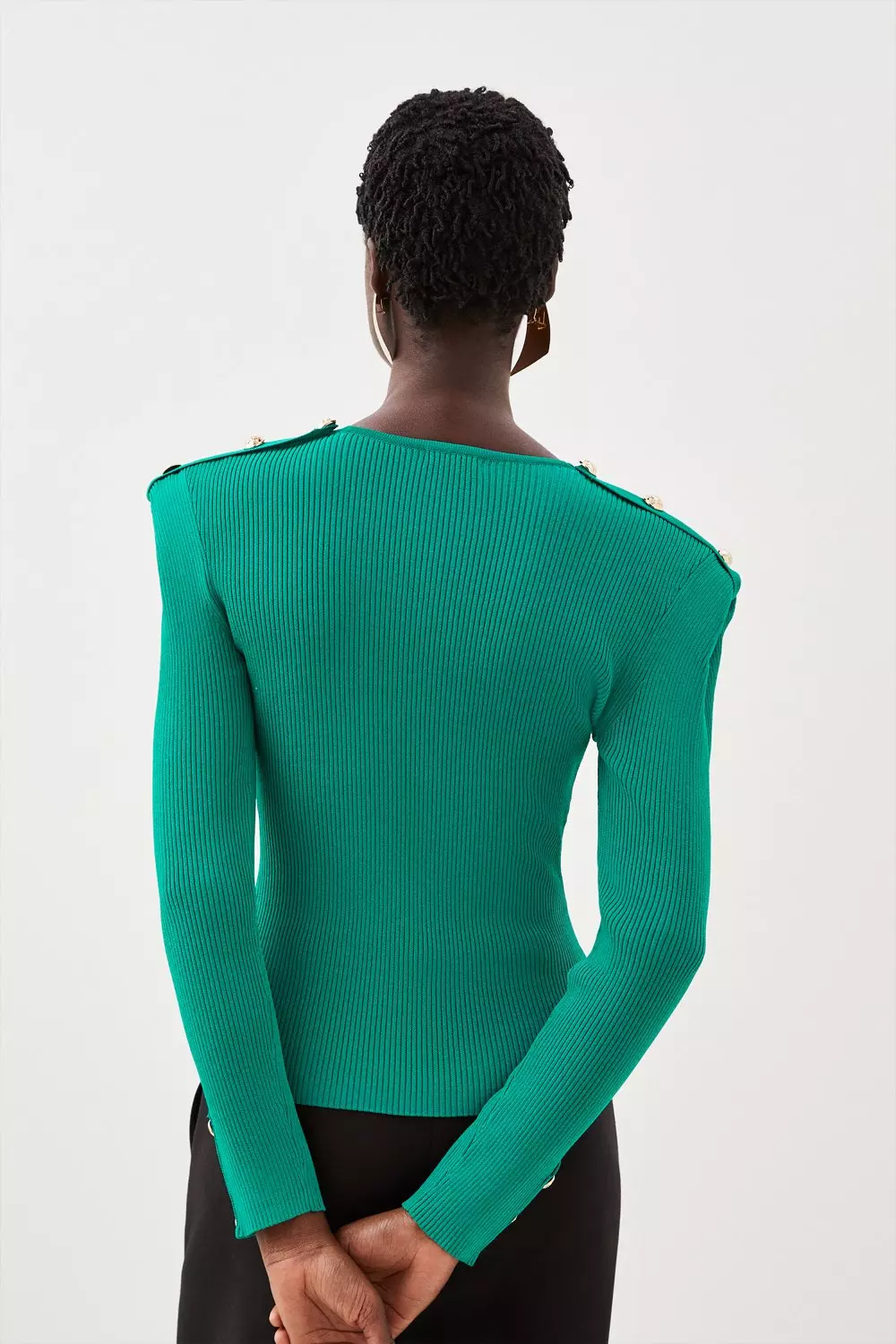 Viscose Blend Rib Knit V Neck Power Shoulder Military Top