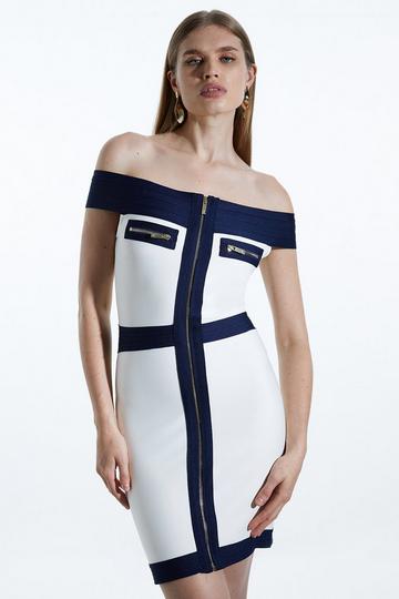 Cream White Off The Shoulder Figure Form Bandage Knit Mini Dress