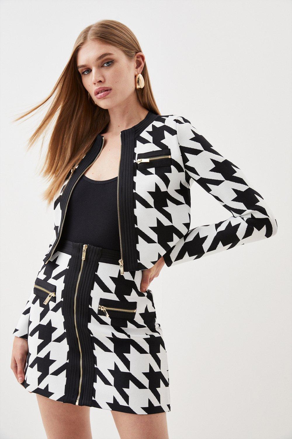 Mono Houndstooth Bandage Knit Jacket Co-ord