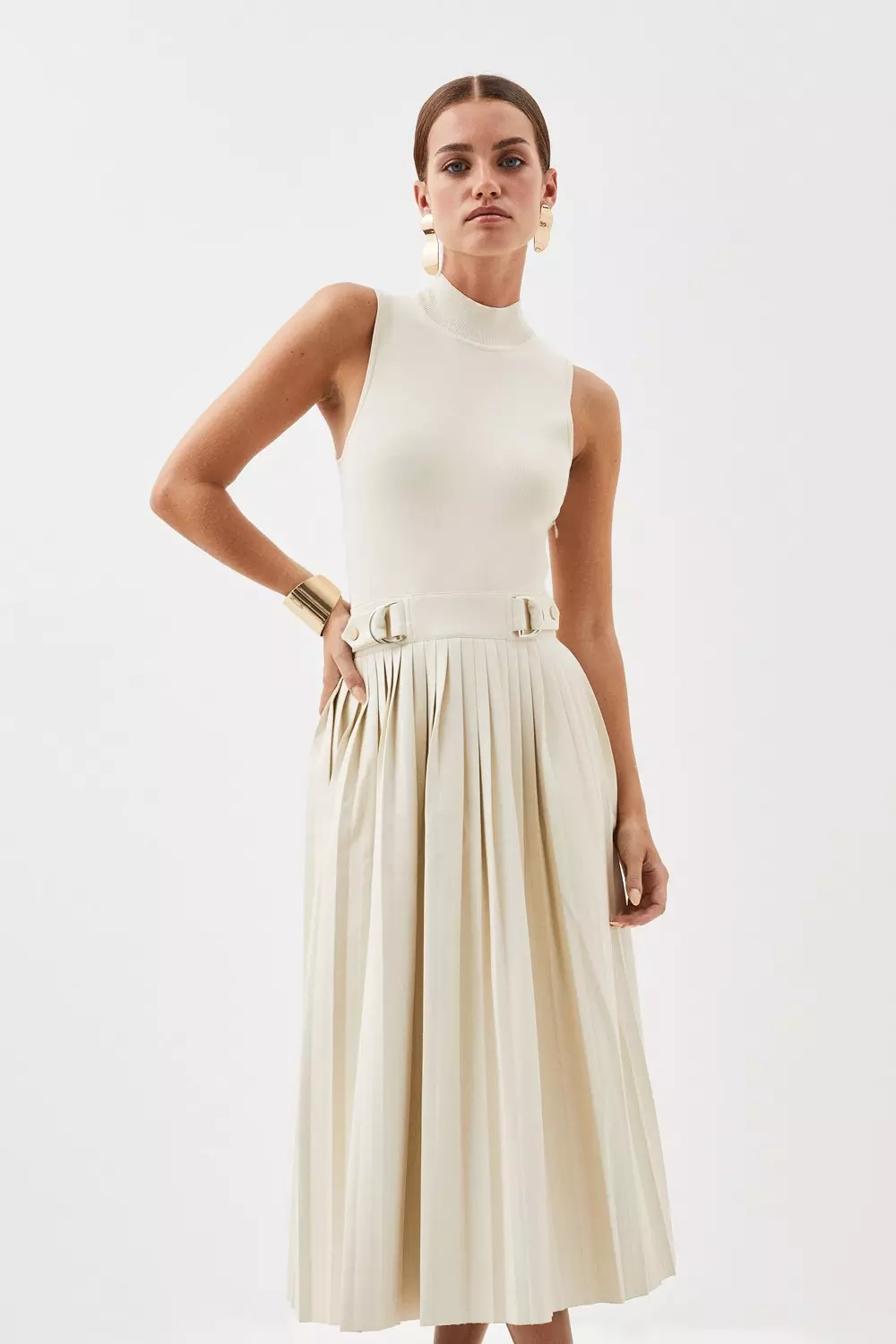 Petite Knitted Midi Dress With Pu Detailing | Karen Millen